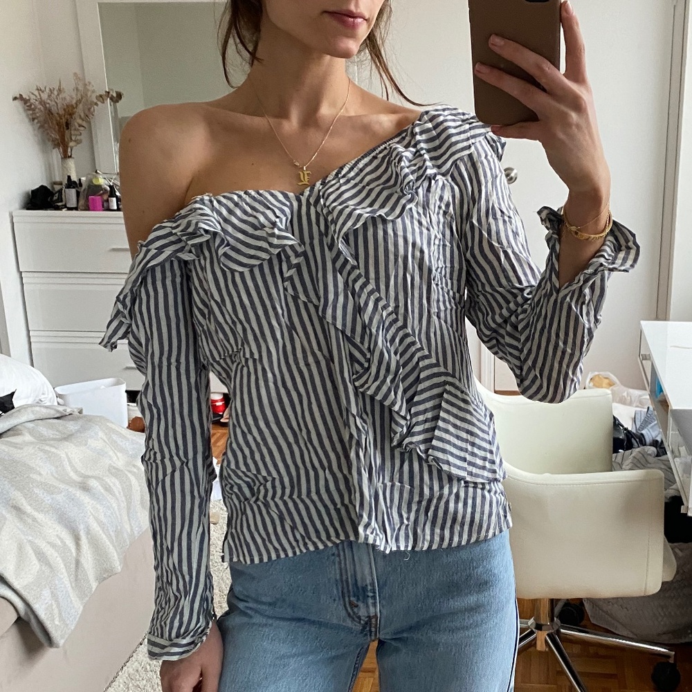 Cupcakes and cashmere off the shoulder striped blouse